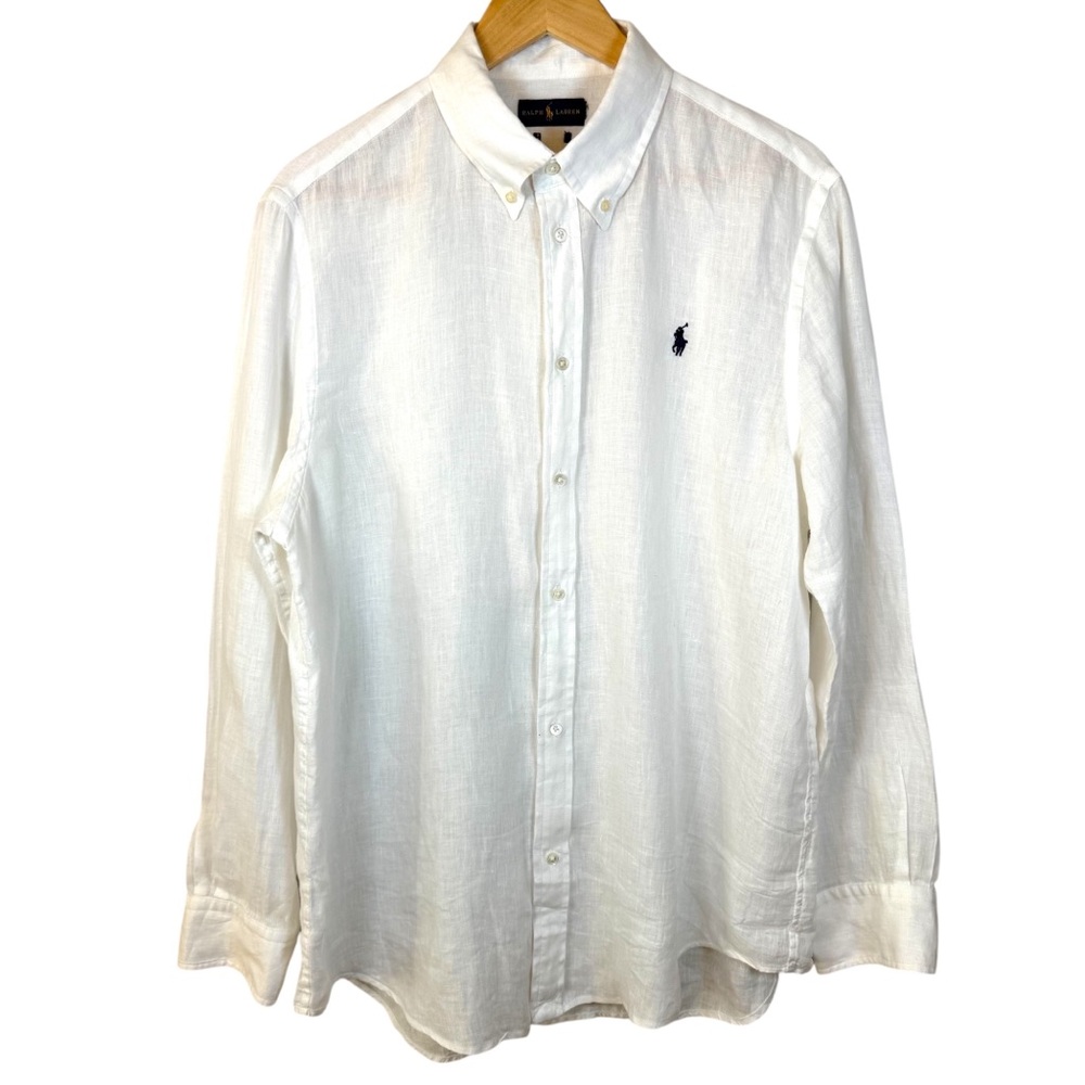 Ralph Lauren White Linen Button Down Shirt Mens XL Blue Pony